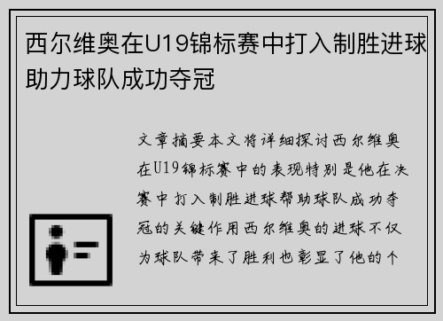 西尔维奥在U19锦标赛中打入制胜进球助力球队成功夺冠 西尔维奥在U19锦标赛中打入制胜进球助力球队成功夺冠
