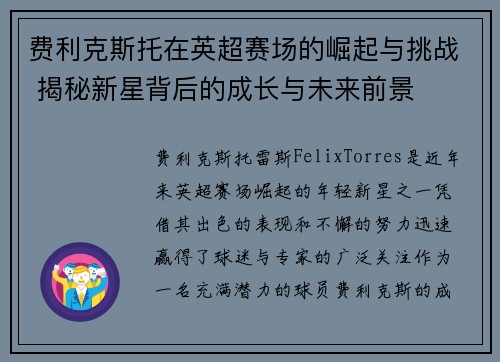 费利克斯托在英超赛场的崛起与挑战 揭秘新星背后的成长与未来前景