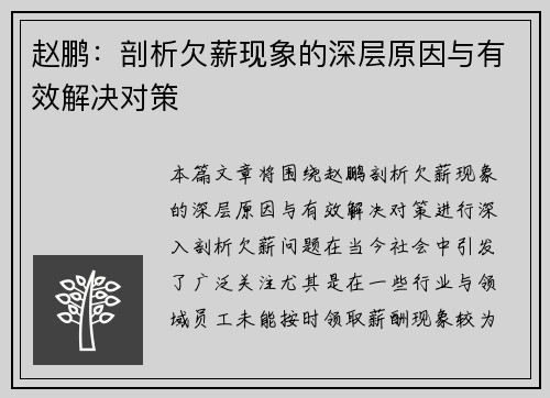 赵鹏：剖析欠薪现象的深层原因与有效解决对策