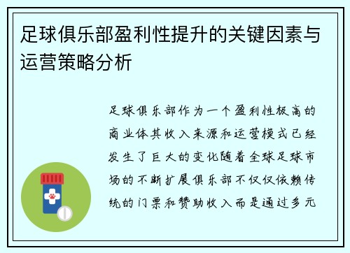 足球俱乐部盈利性提升的关键因素与运营策略分析